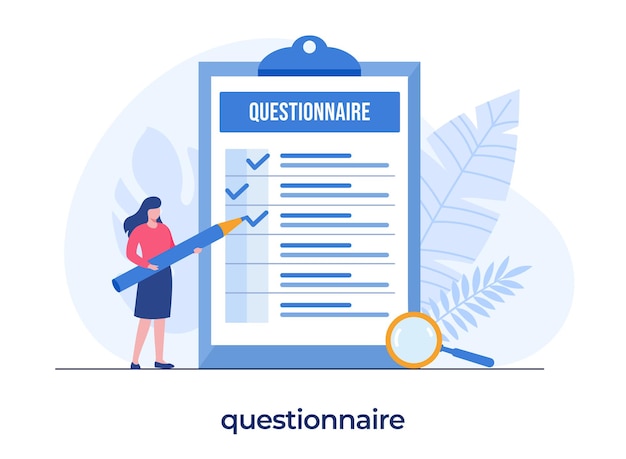 Conceito de questionário, formulário de questionário de preenchimento de menina com lápis, pesquisa, lista de verificação, enquete, modelo de ilustração plana de vetor