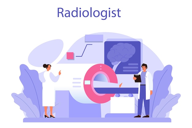 Vetor conceito de radiologista médico examinando imagem de raio-x do corpo humano com tomografia computadorizada mri e ultra-som ideia de cuidados de saúde e diagnóstico de doenças ilustração vetorial isolada em estilo cartoon