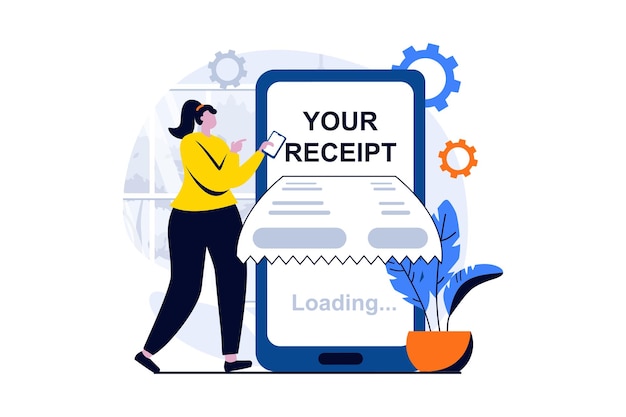 Conceito de recibo eletrônico com cena de pessoas em design de desenho animado plano Mulher recebe conta e paga on-line usando telefone celular Serviços bancários e transferências História visual de ilustração vetorial para web