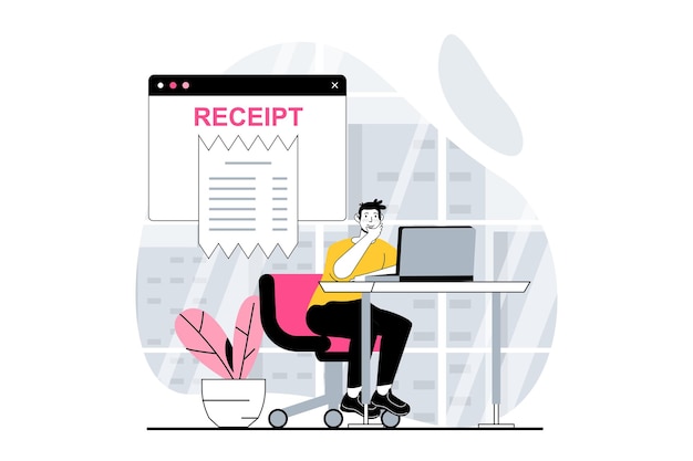 Conceito de recibo eletrônico com cena de pessoas em design plano para web homem pesquisando cheque digital com pagamento on-line para compras ilustração vetorial para material de marketing de banner de mídia social