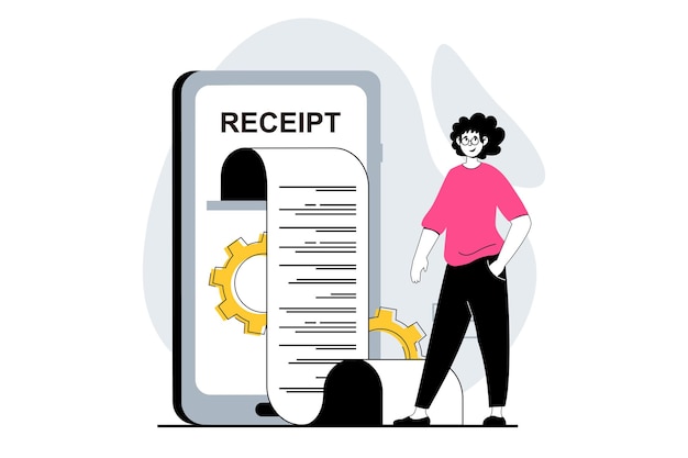 Conceito de recibo eletrônico com cena de pessoas em design plano para web Homem recebendo cheque digital e fazendo transação on-line em aplicativo Ilustração vetorial para material de marketing de banner de mídia social