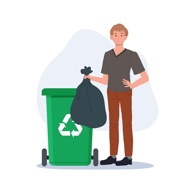 Conceito de reciclagem homem feliz joga lixo na lixeira verde com símbolo de reciclagem ilustração vetorial