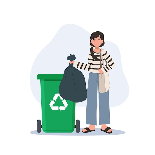 Conceito de reciclagem mulher feliz joga lixo na lixeira verde com símbolo de reciclagem ilustração vetorial