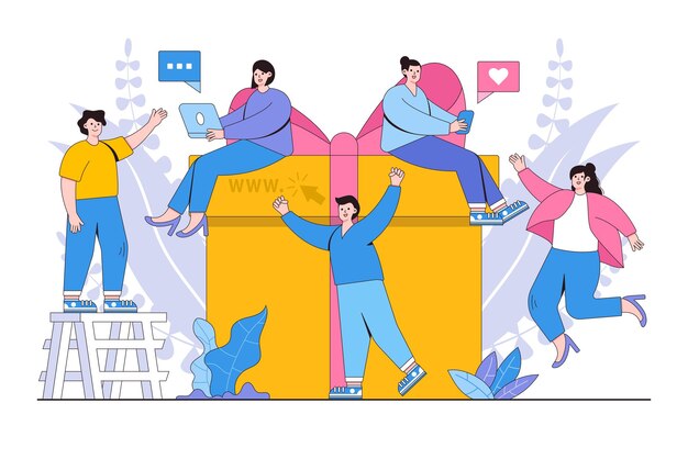 Conceito de recompensa on-line Grupo jovem de pessoas felizes recebendo bônus e caixas de presente Ilustração vetorial para marketing de promoção de programa de fidelidade Design moderno de estilo simples para página de destino