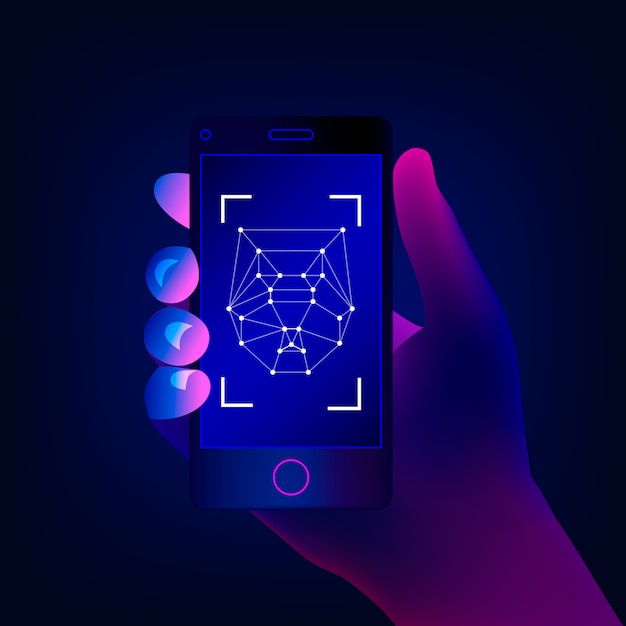 Conceito de reconhecimento de rosto. tecnologias de alta tecnologia. a mão segura um smartphone na tela do aplicativo de detecção de rosto. ilustração.