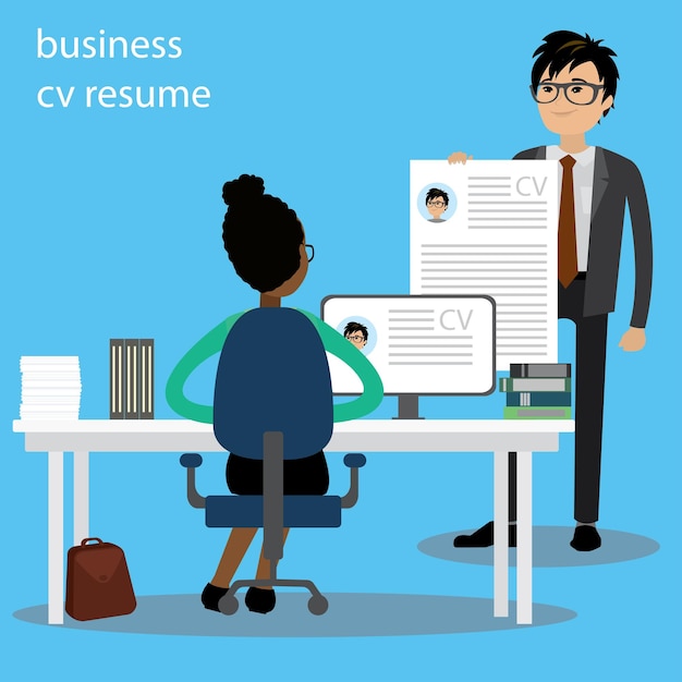 Conceito de recrutamento Entrevista de emprego Currículo e currículo de negócios Pessoas de negócios falam Ilustração vetorial