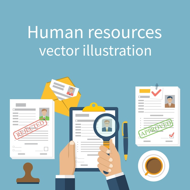 Conceito de recursos humanos empresário empregador pesquisa currículo pessoal seleciona candidatos recrutamento vect