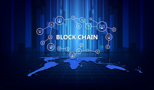 Conceito de rede blockchain, conexões em todo o mundo.