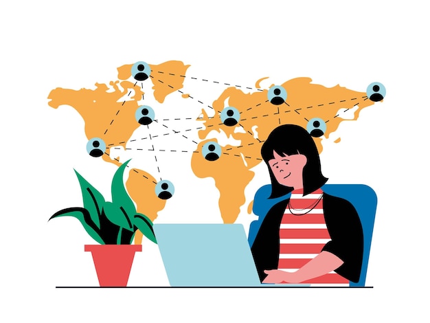 Conceito de rede social com situação de personagem A mulher se comunica online com pessoas conectadas pela Internet e remotas em todo o mundo Ilustração vetorial com cena de pessoas em design plano para web