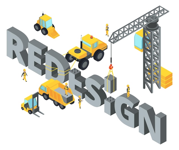 Vetor conceito de redesenho câmara de construção isométrica com máquinas pesadas