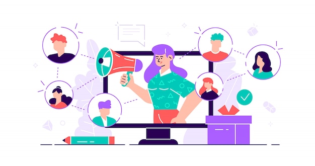 Conceito de referência. Serviço de comunicação de público-alvo de marketing para publicidade de influenciadores. Pessoas de promoção de produtos. Novo método de engajamento boca a boca dos clientes. Ilustração minúscula plana