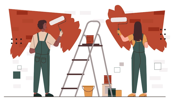 Vetor conceito de renovação de casa homem e mulher em uniforme com rolos com tintas construtores pintura de paredes
