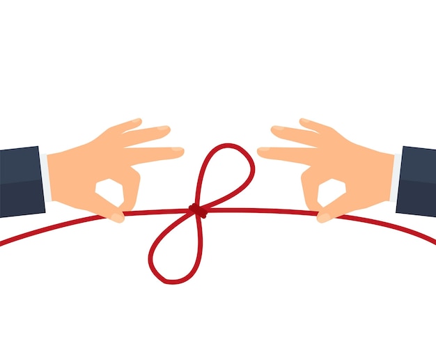 Vetor conceito de resolver problemas facilmente mãos humanas puxando cordas para desatar nós simples ilustração vetorial