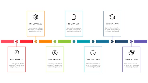 Conceito de retângulo para infográfico com 7 etapas opções de peças ou processos Visualização de dados de negócios