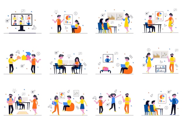 Conceito de reunião de negócios com pequenas cenas de pessoas definidas em design plano Pacote de homens e mulheres discutem tarefas no trabalho de videoconferência no escritório analisam dados e fazem brainstorming Ilustração vetorial para web