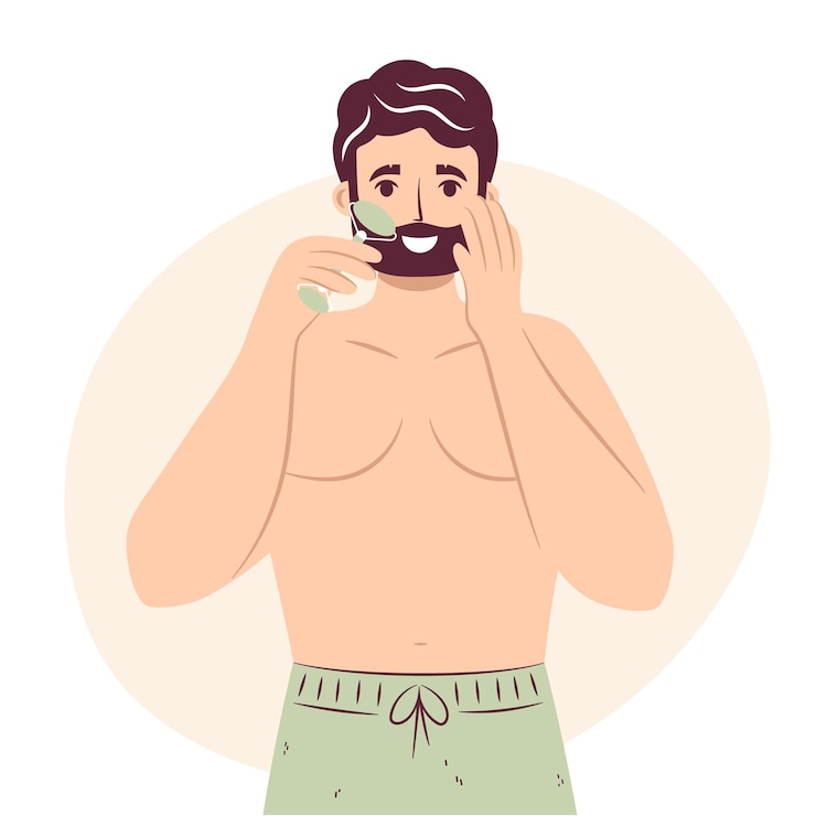 Vetor conceito de rotina de cuidados com a pele jovem feliz fazendo massagem facial linfática com rolo de rosto homem barbudo bonito desfrutando de procedimento de cuidados com a pele higiene dos homens