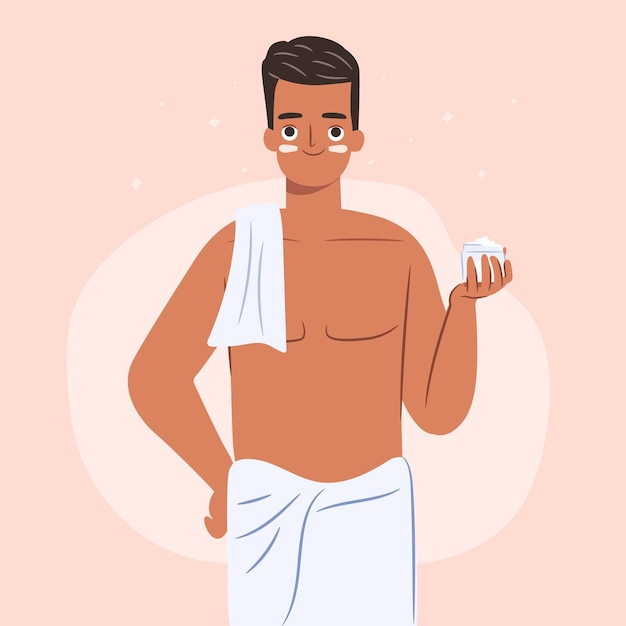 Vetor conceito de rotina de cuidados com a pele para homem. cara jovem feliz na toalha segurando um creme facial na mão.