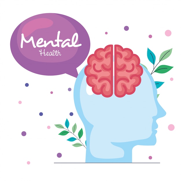 Conceito de saúde mental, perfil humano com cérebro