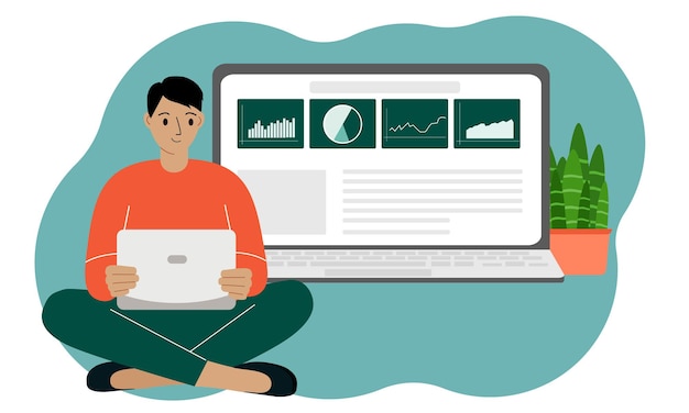Conceito de segmentação online, smm, análises. Um homem está sentado de pernas cruzadas com um laptop. Laptop com uma página de site aberta. Ilustração em vetor plana