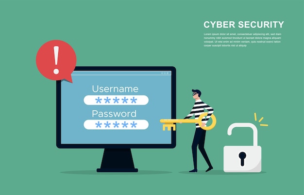 Vetor conceito de segurança cibernética o conceito de hacker tenta atacar e roubar os dados privados do símbolo do computador