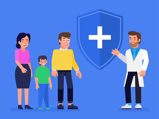 Conceito de seguro médico, saúde e vida. Agente de seguros com escudo protetor e família sorridente com criança. Ilustração plana.