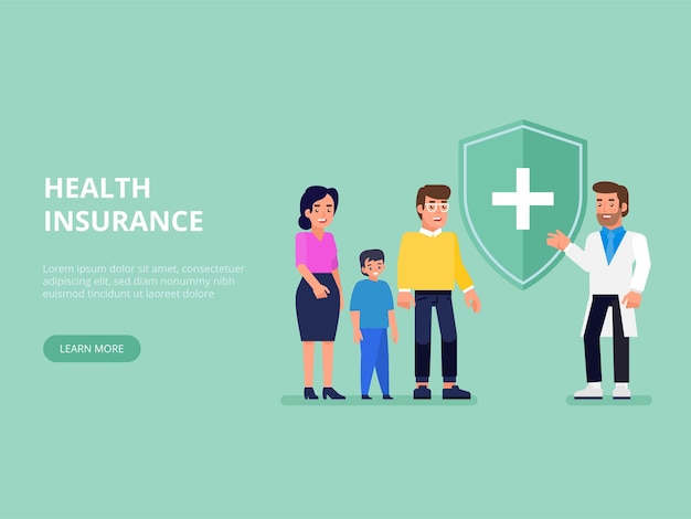 Conceito de seguro médico, saúde e vida. Agente de seguros com escudo protetor e família sorridente com criança. Ilustração plana.