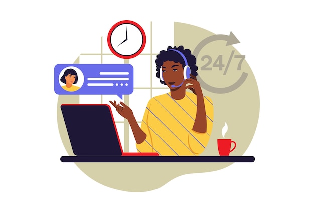 Conceito de serviço ao cliente. Mulher africana com fones de ouvido e microfone com laptop. Suporte, assistência, call center. Ilustração vetorial. Estilo simples