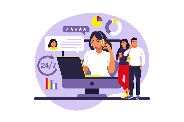 Vetor conceito de serviço ao cliente. mulher com fones de ouvido e microfone com laptop. suporte, assistência, call center. ilustração. estilo simples