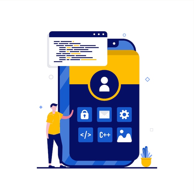 Conceito de serviço de desenvolvimento de aplicativos com caráter. as pessoas ficam perto do smartphone com o ícone do aplicativo móvel. estilo moderno simples para página de destino, aplicativo móvel, banner da web, infográficos, imagens de heróis.