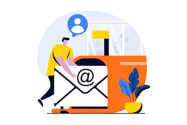 Conceito de serviço de e-mail com cena de pessoas em design de desenho animado plano Homem envia cartas na caixa de correio enorme Correspondência e comunicação de correspondências promocionais Ilustração vetorial história visual para web