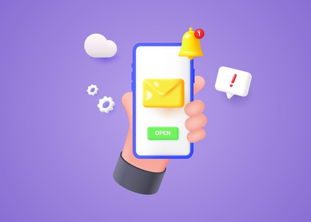 Vetor conceito de serviço de e-mail mão segurando o smartphone com sino de notificação e sms