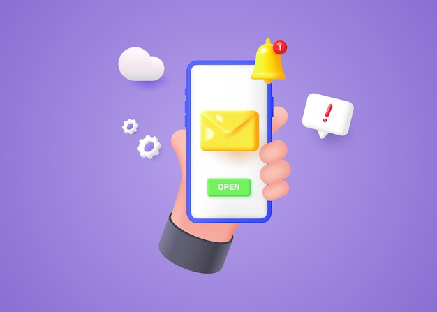 Conceito de serviço de e-mail mão segurando o smartphone com sino de notificação e sms