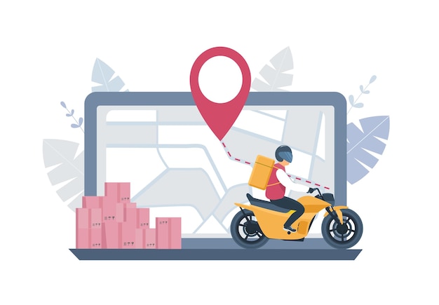 Conceito de serviço de entrega caixas de mapa de computador e correio em uma ilustração vetorial de moto