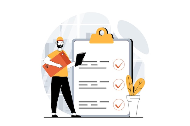 Conceito de serviço de entrega com pessoas cena em design plano para web Homem correio mãos parcela para o cliente e inspeciona o trabalho na lista de verificação Ilustração vetorial para mídia social banner material de marketing