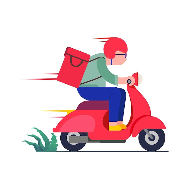 Conceito de serviço de entrega online entregador andando em uma ilustração de scooter vermelha