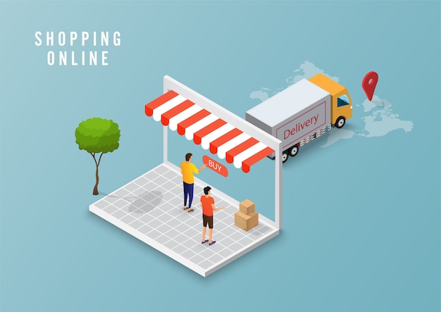 Conceito de serviço de entrega online, rastreamento de pedido online, entrega de logística para casa e escritório no computador. Ilustração vetorial