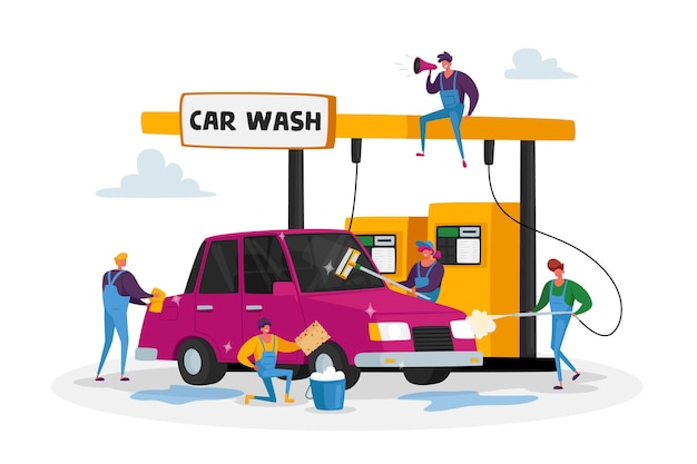 Conceito de serviço de lavagem de carro. trabalhadores personagens vestindo uniforme ensaboando um automóvel com esponja e derramando com jato d'água