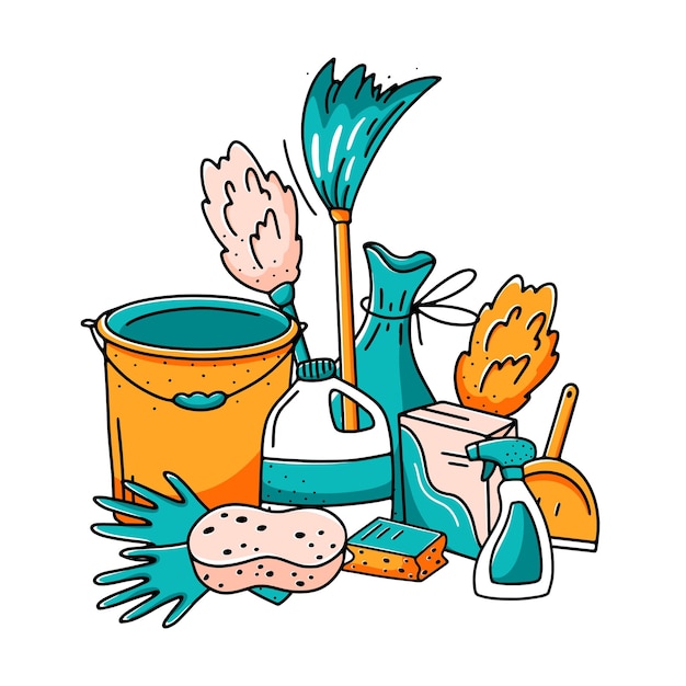 Vetor conceito de serviço de limpeza conjunto de elementos vetoriais desenhados à mão isolados no estilo doodle
