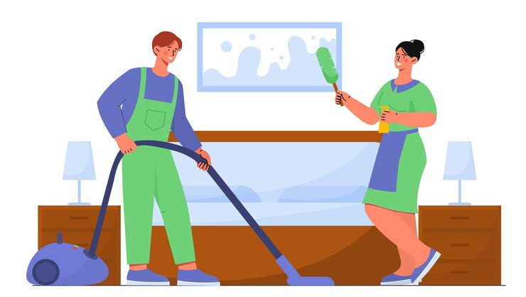 Vetor conceito de serviço de limpeza homem e mulher em uniforme com escova e aspirador trabalhadores de limpeza em