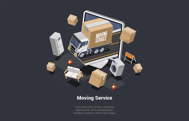 Conceito de serviço de mudança de casa on-line Caixas de papelão com vários utensílios domésticos preparados para transporte por caminhão Relocação para um novo local Ilustração em vetor desenho animado 3d isométrica