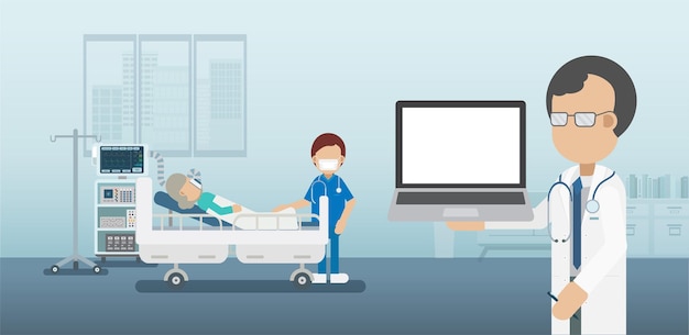Conceito de serviço médico com notebook de tela em branco e pacientes críticos