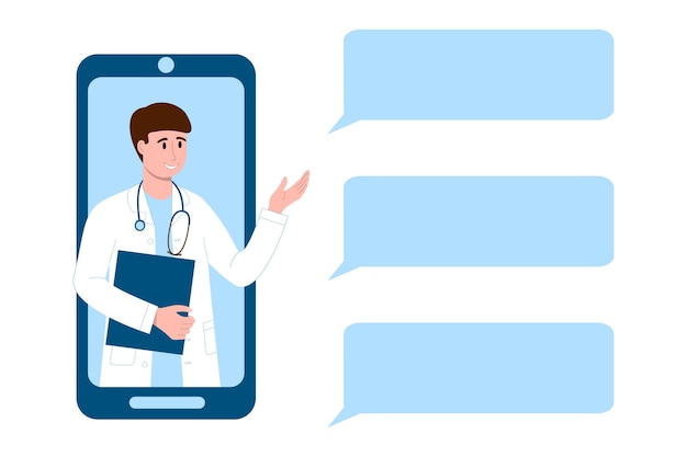 Conceito de serviço médico de internet médico online. terapeuta masculino dá conselhos médicos em aplicativo de smartphone