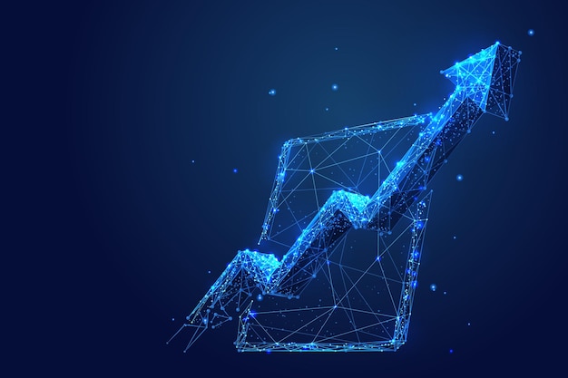 Vetor conceito de seta para cima do analytics na tela do tablet pc wireframe de baixo poli vetorial na forma de céu estrelado