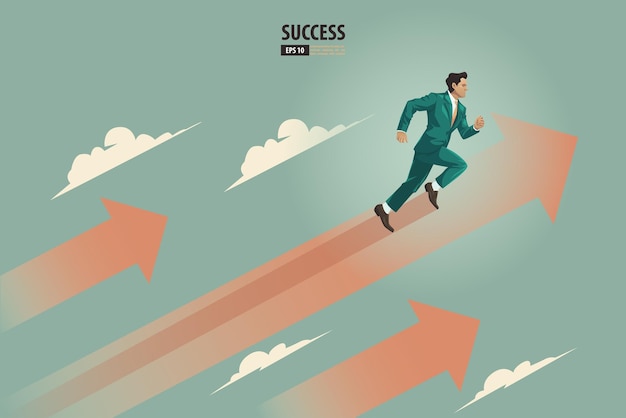 Conceito de setas de negócios com empresário com terno correndo para aceleração de sucesso para obter uma ilustração vetorial de fundo de vendas de lucro