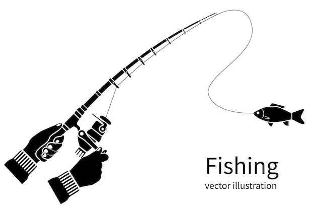 Vetor conceito de silhueta de ícone de pesca adesivo emblema distintivo isolado no fundo branco ilustrações vetoriais design plano pictograma de pescador segure nas mãos vara de pesca varas giratórias com captura