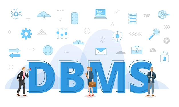 Conceito de sistema de gerenciamento de banco de dados dbms com grandes palavras e pessoas cercadas por ícone relacionado com estilo de cor azul