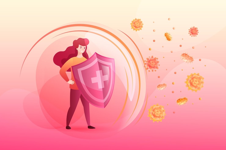 Vetor conceito de sistema imunológico com mulher e escudo