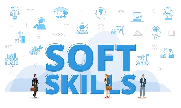 Conceito de soft skills com grandes palavras e pessoas cercadas por ícone relacionado com estilo de cor azul