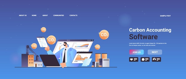 Conceito de software de contabilidade de crédito de carbono empresário analisando gráficos de dados estatísticos responsabilidade de estratégia ambiental de emissão de co2 desenvolvimento esg sustentável espaço de cópia horizontal ilustração vetorial