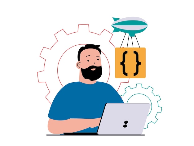 Conceito de software de programação com situação de personagem homem trabalhando com código de programa em laptop corrigindo bugs, testando e otimizando ilustração vetorial com cena de pessoas em design plano para web